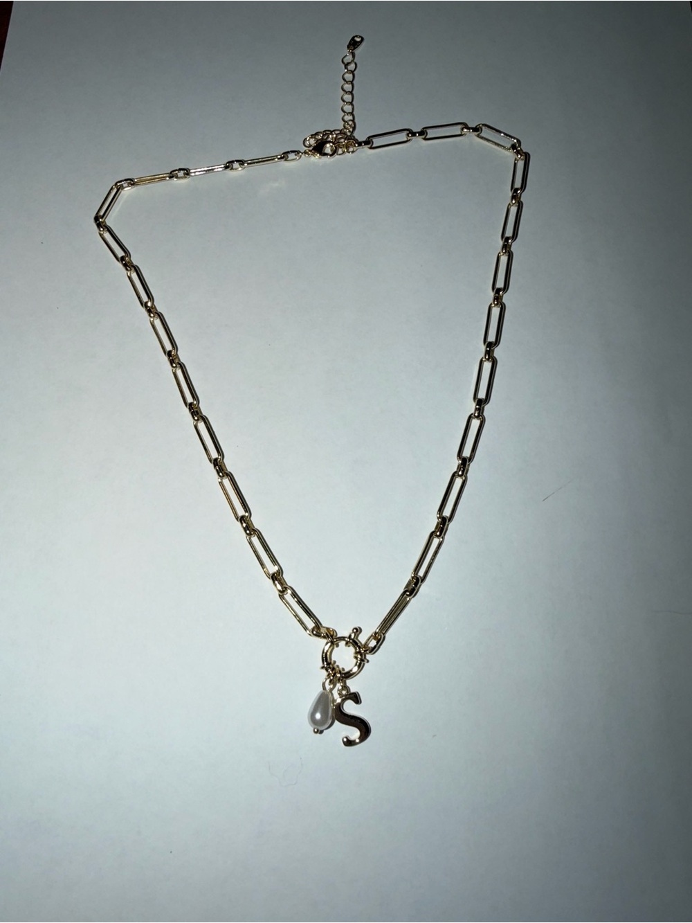 a new day Gold Paperclip Chain Necklace with 'S' Initial and Pearl Charm